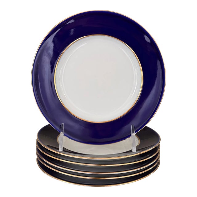 Late 20th Century Lomonosov Cobalt Blue & Gold Rim Salad / Dessert Plates - Set of 6 For Sale