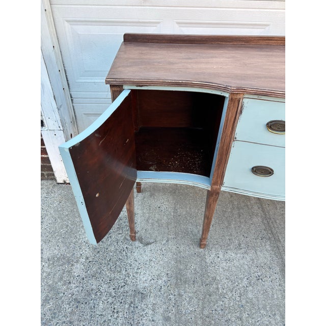 1920s Painted Sideboard Buffet | Antique Bow Front Server | Hepplewhite Revival Cabinet | Blue Wood Credenza | Farmhouse Cottage Wood Buffet For Sale - Image 9 of 12