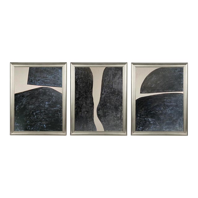 Black Abstract Diptych Triptych Painting Set Minimalist Modern Wall Art, Neutral Contemporary ArtFramed Abstract Set Palm Beach Style Decor For Sale