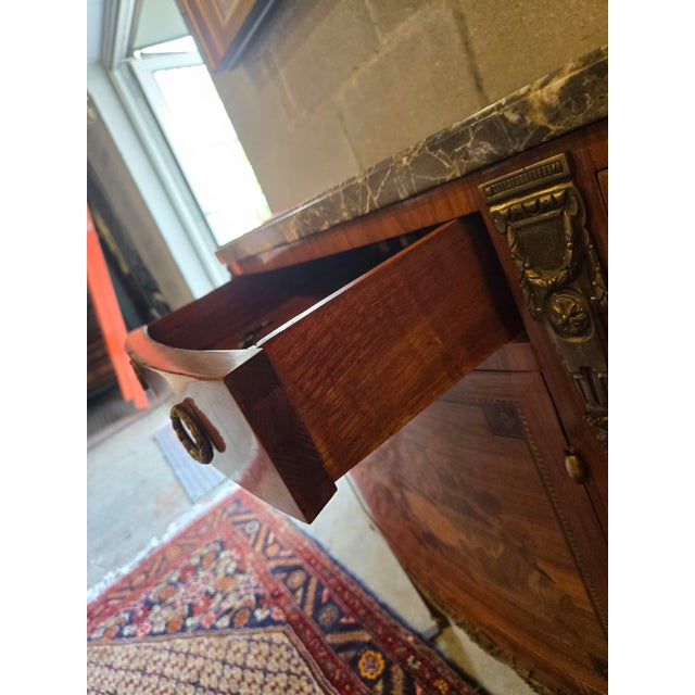 Brown Early 20th Century French Louis XVI–Style Inlaid Marble-Top Demilune Cabinet, For Sale - Image 8 of 11