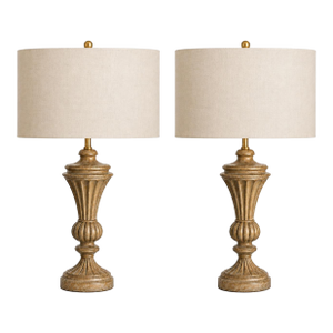 Vintage Neoclassical Fluted Urn Table Lamps With Linen Drum Shades - a Pair