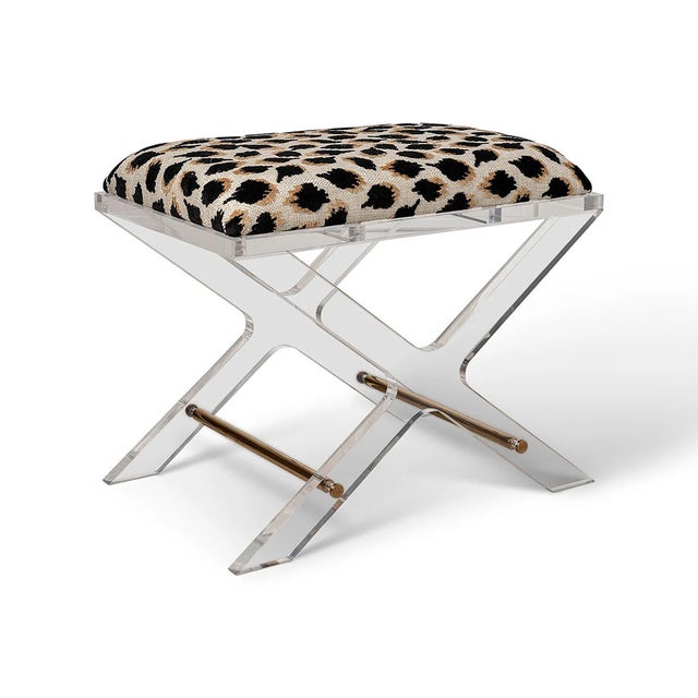 Uber chic clear lucite X shaped accent upholstery--our Delano Bench is the perfect vanity stool and/or designer accent...