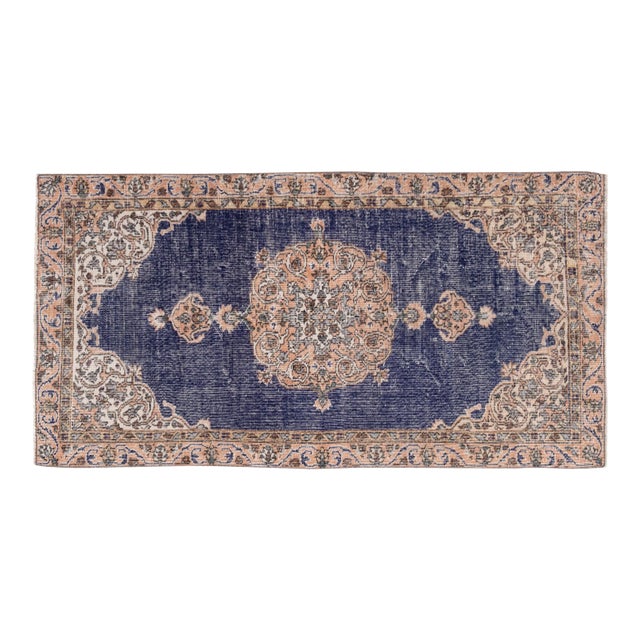Vintage Blue Turkish Oushak Rug 3'7" X 6'11" For Sale