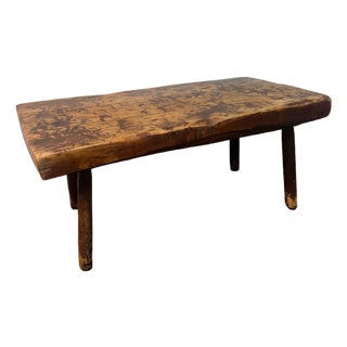 Antique Early American Rustic Bench With Splayed Turned Splayed Legs and Thick Cut Seat For Sale