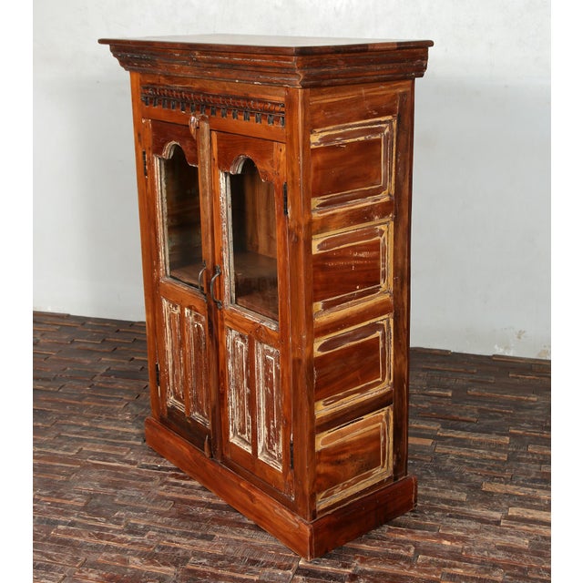 Solid Reclaimed Hand Carved Teak & Glass Cabinet, 2 Doors For Sale In Boston - Image 6 of 7