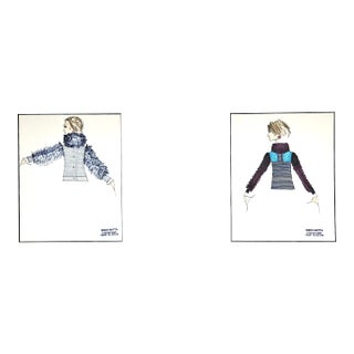 1950 Set of 2 Original Couture Fashion Drawings by Serge Matta, Matted For Sale