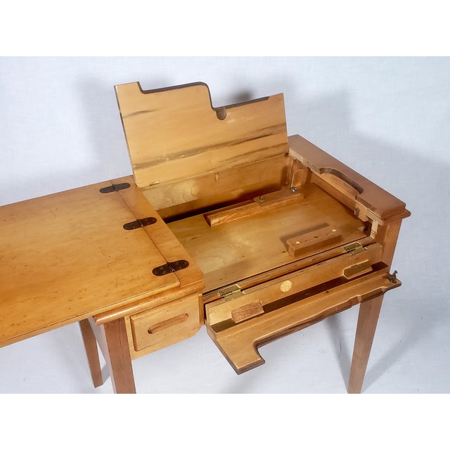 Vintage Original Mid-Century Modern All Wood Maple Finish Sewing Machine Cabinet With Flip-Down Top & Pull Out Drawer For Sale - Image 12 of 14
