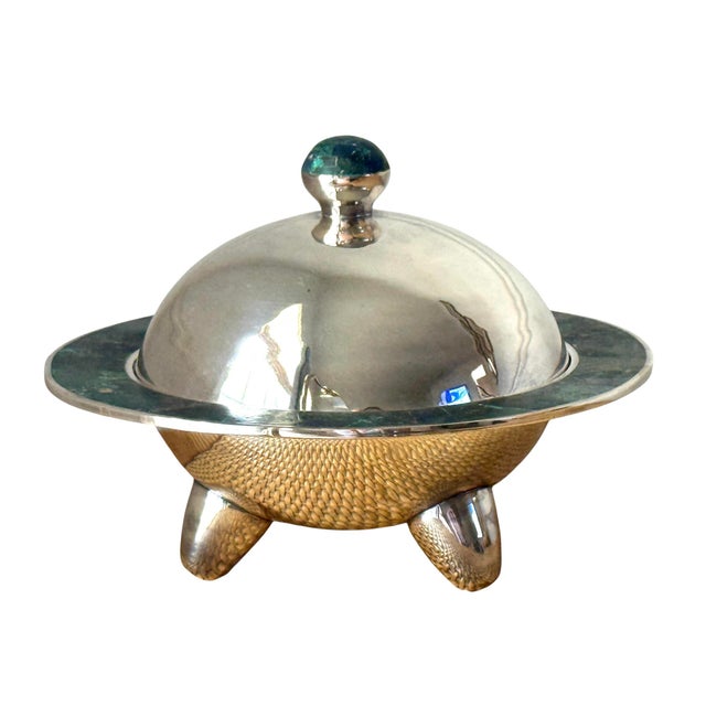 Los Castillo large silver bowl with covered top. Has three feet. The edges of the bowl have malachite and lapis inlaid....