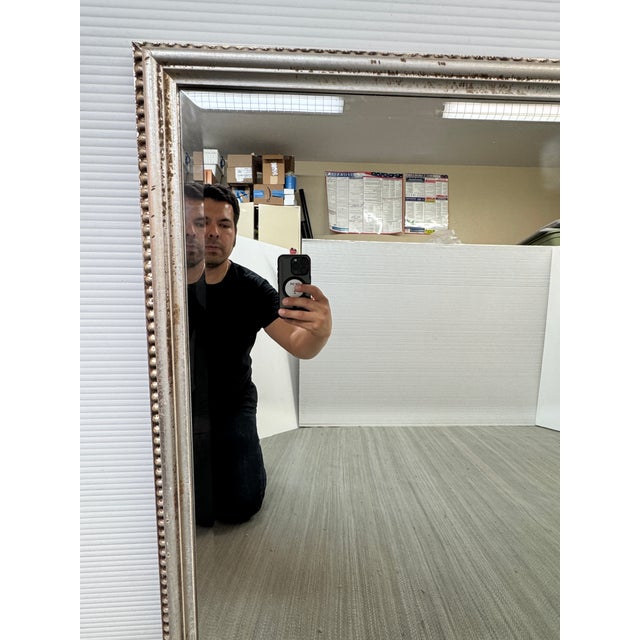 Wood Antiqued Silver Finish With Bead Trim Wall Mirror For Sale - Image 7 of 12