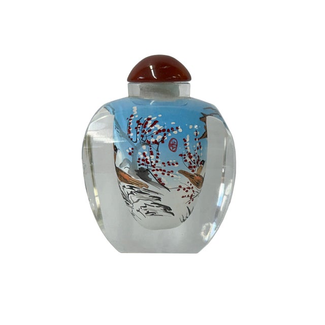 Chinese Inside Blue White Flower Birds Graphic Glass Art Bottle | Chairish