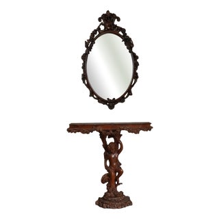 Baroque Cherubs Carved Wooden Console Table and Mirror, 1950s, Set of 2 For Sale