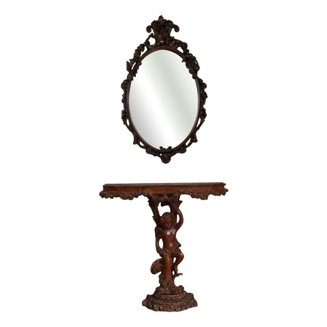 Baroque Cherubs Carved Wooden Console Table and Mirror, 1950s, Set of 2 For Sale