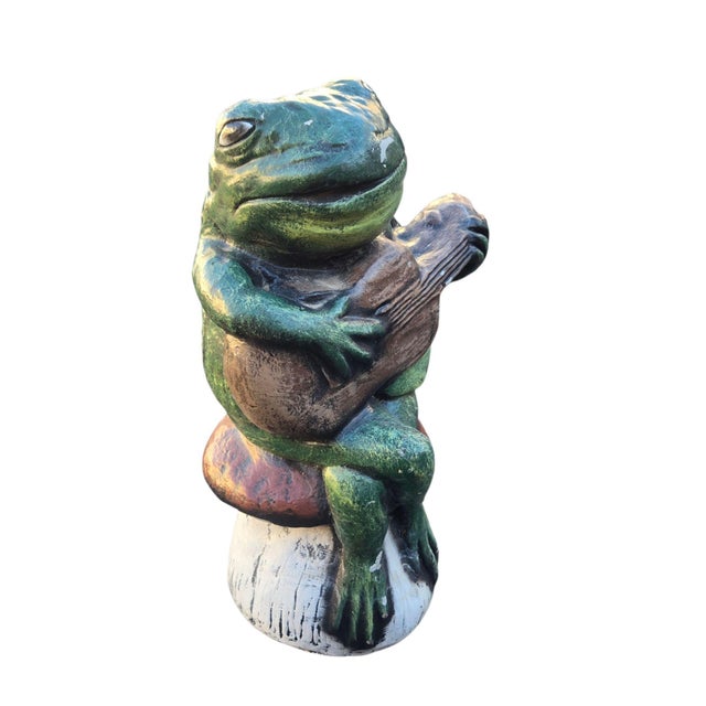 Anthropomorphic Frog Playing Guitar Mushroom Cement Sculpture Yard Art Statue For Sale - Image 12 of 18