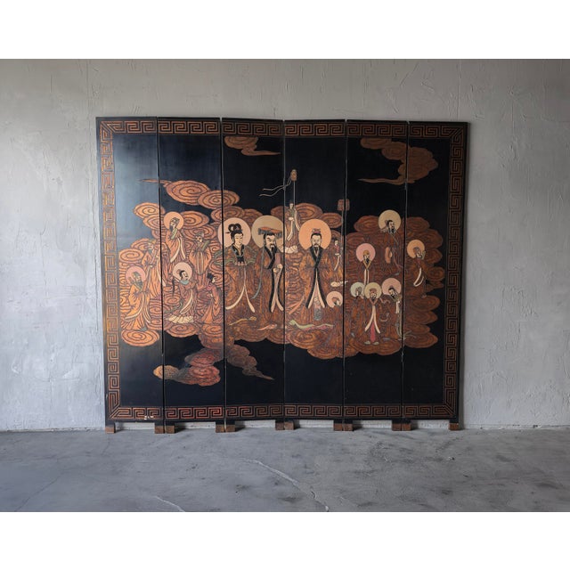 Chinoiserie 7ft Hand Painted Six Panel Chinese Coromandel Screen Divider For Sale - Image 3 of 14