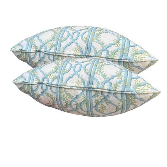 Pair of 24'' Lilian August Blue&Green Trelis Pillows For Sale - Image 4 of 5