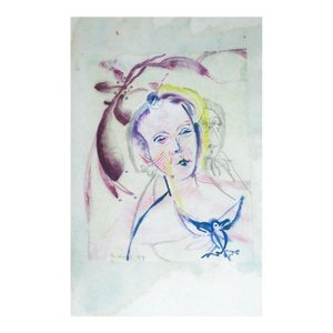 Modernist 1999 Purple Blue Watercolor Portrait Painting