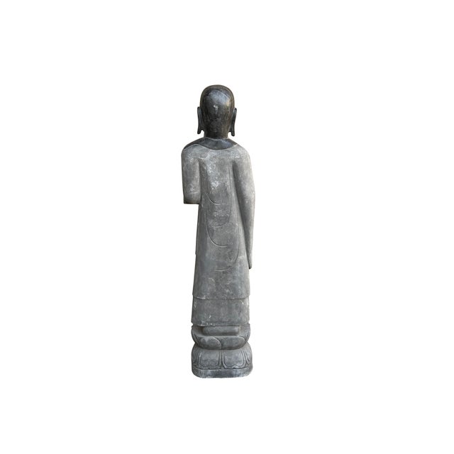 Stone Gray Chinese Weathered Black Gray Patina Stone Standing Monk Luohan Arhat Statue For Sale - Image 8 of 12