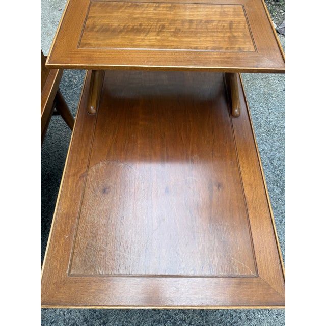 Chestnut 1950s Lane Altavista Copenhagen Mid Century Modern Two Tier Walnut End Tables For Sale - Image 8 of 10