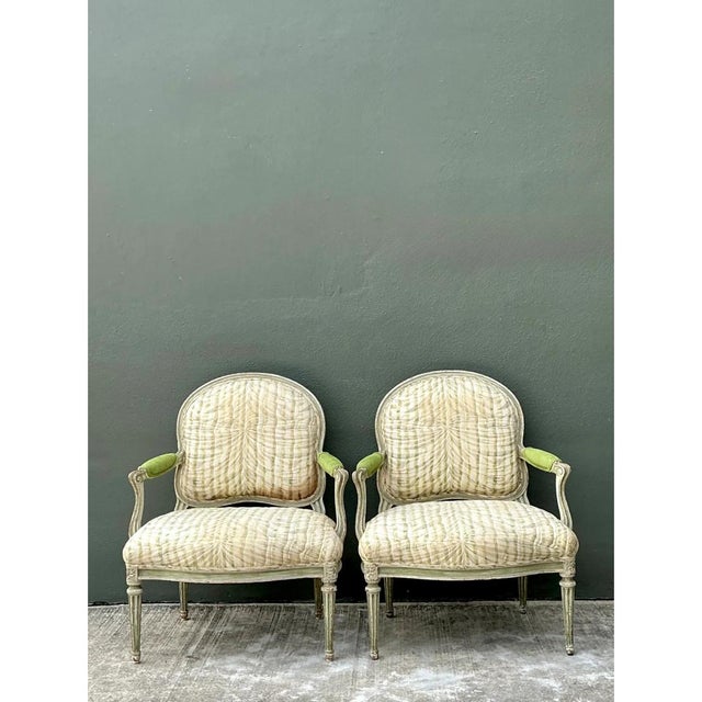 Vintage Louis XVI Style Printed Swag Armchairs - Pair For Sale - Image 4 of 12