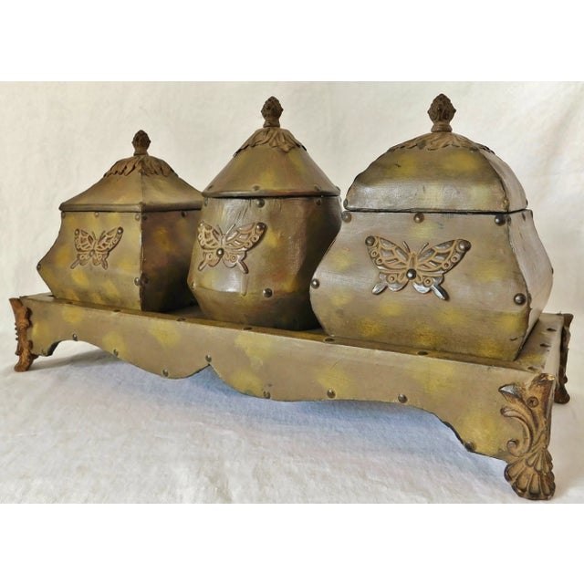 Gothic Large 4pc Camouflage Army Green Butterfly Leather Wrapped Cannister Set W/ Tray For Sale - Image 3 of 11