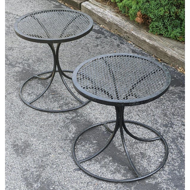 Mid 20th Century 1960s Salterini Black Metal Mesh Top Tulip Base Outdoor Side Tables - A Pair For Sale - Image 5 of 11