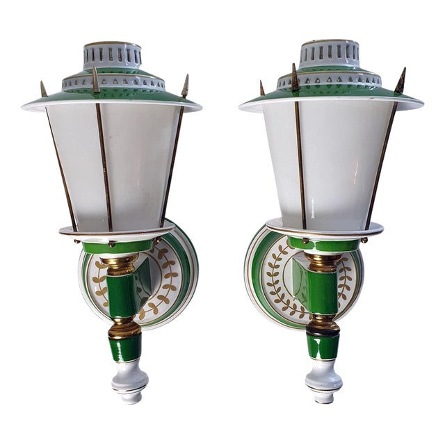 Mid-Century Wall Sconces in Porcelain and Brass, France, 1970s, Set of 2 For Sale