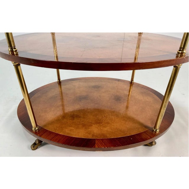 Mid 20th Century Vintage Burl Wood and Brass Oval Three-Tier Rolling Bar Cart or Serving Table For Sale - Image 5 of 13
