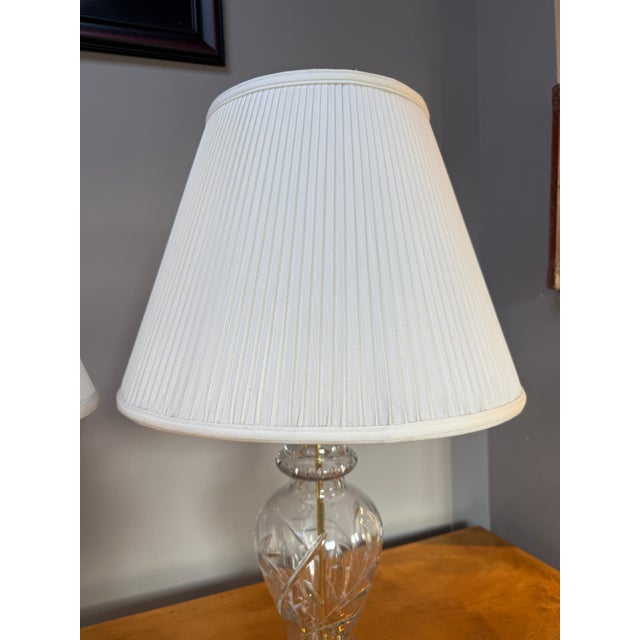 Vintage Pair Cut Crystal and Brass Table Lamps With Pleated Silk Shades For Sale - Image 10 of 18