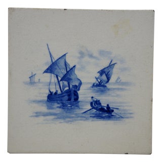 Antique Dutch Delft Cobalt Blue Nautical Maritime Rowboat Sailboats Ship Tile 6" For Sale
