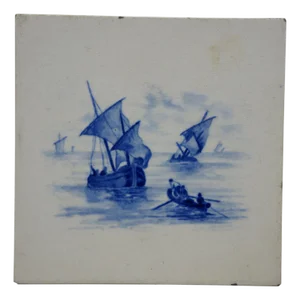 Antique Dutch Delft Cobalt Blue Nautical Maritime Rowboat Sailboats Ship Tile 6"