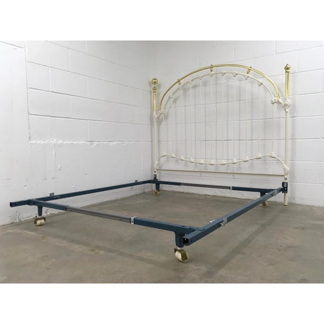 French Country White Painted Wrought-Iron & Brass & Queen Bedframe For Sale - Image 3 of 13