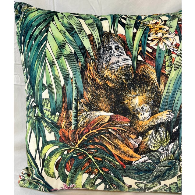 Green 20" Square Decorative Throw Pillow Decorated With a Mother Orangutan/Ape & Baby Resting Among Lush Green Jungle Foliage - Made in the U K For Sale - Image 8 of 12