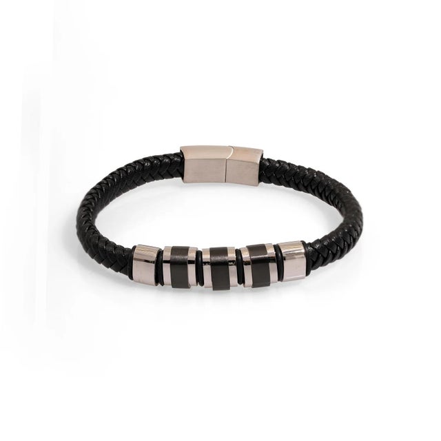 Men's Fashion Style Black Leather & Silver Bracelet For Sale - Image 4 of 7