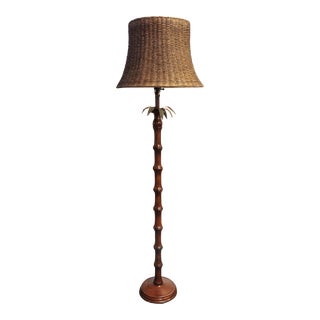 Vintage Faux Bamboo Wood Palm Leaf Wicker Shade Tropical Frederick Cooper Style Floor Lamp For Sale