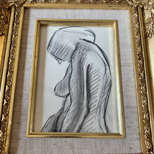 Original charcoal study drawing on paper 5 x 7 overall size with ornate frame with linen liner is 10 x 12 unsigned