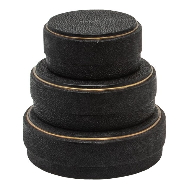 Set of 3 Boxes in Black Shagreen With Brass Frame by R&y Augousti For Sale