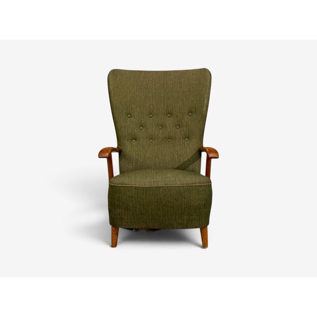 Mid-Century Modern Danish Modern, Highback Lounge Chair, Elm, Wool, Denmark, 1950s For Sale - Image 3 of 12