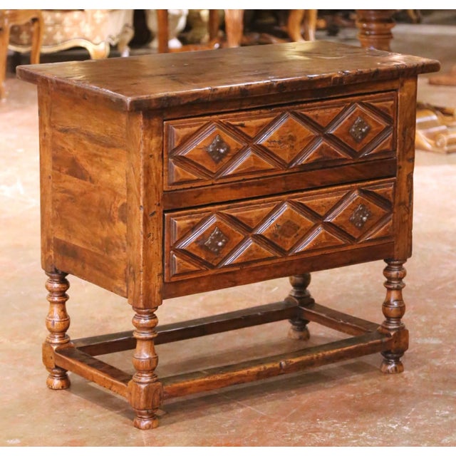 19th Century Spanish Walnut Two-Drawer Chest With Diamond-Pattern Carving For Sale In Dallas - Image 6 of 12