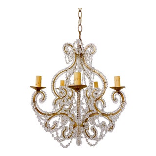 1950s Italian Crystal and Gold Leaf Wrought Iron Chandelier For Sale