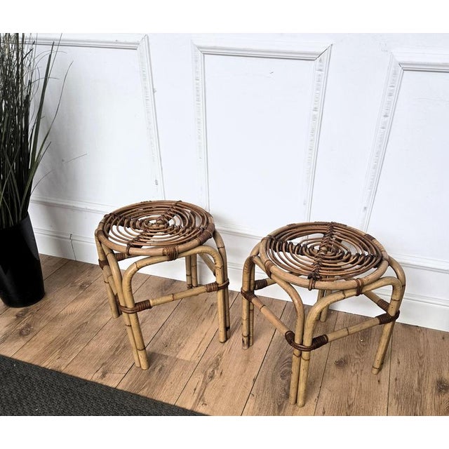 Bohemian French Riviera Italian Bamboo Rattan Stool, 1960s, Set of 2 For Sale - Image 4 of 8