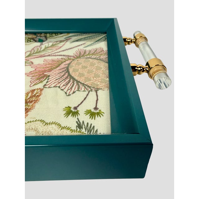 Custom Tray Lee Jofa Embroidered Linen Teal For Sale - Image 11 of 11