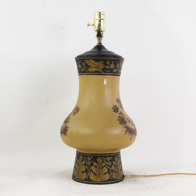 Traditional Vintage Hand Painted Table Lamp Mustard Yellow Country Landscape With Bridge and Foliage Motif For Sale - Image 3 of 12