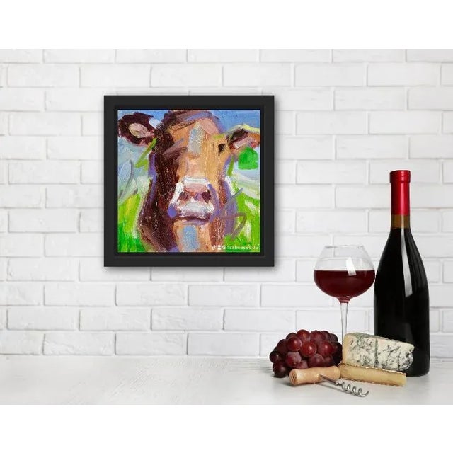 Modern Narratives & Animals — Abstract Cow (Brown and Green) Original oil painting by Lisa Haas, 10 x 10 unframed on linen...