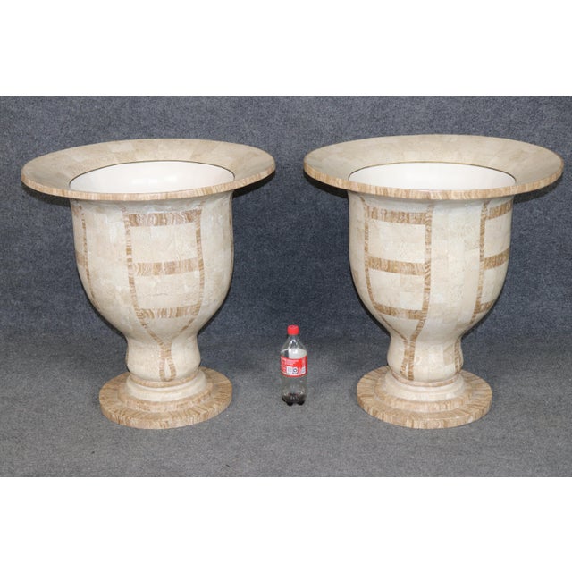 1990s Pair Vintage Tessellated Travertine Campana Urns Planters For Sale - Image 5 of 10