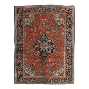 Antique Farahan Sarouk Rug, Handmade Oriental Rug, Rusty Red Navy Blue Very Fine
