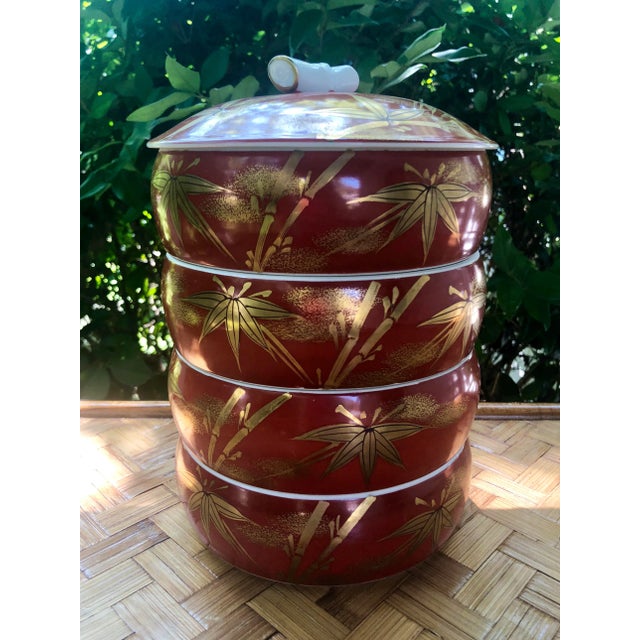 Red Chinese Gilt Porcelain Bamboo Jubako Wedding Jewelry Stacking Box For Sale - Image 8 of 10