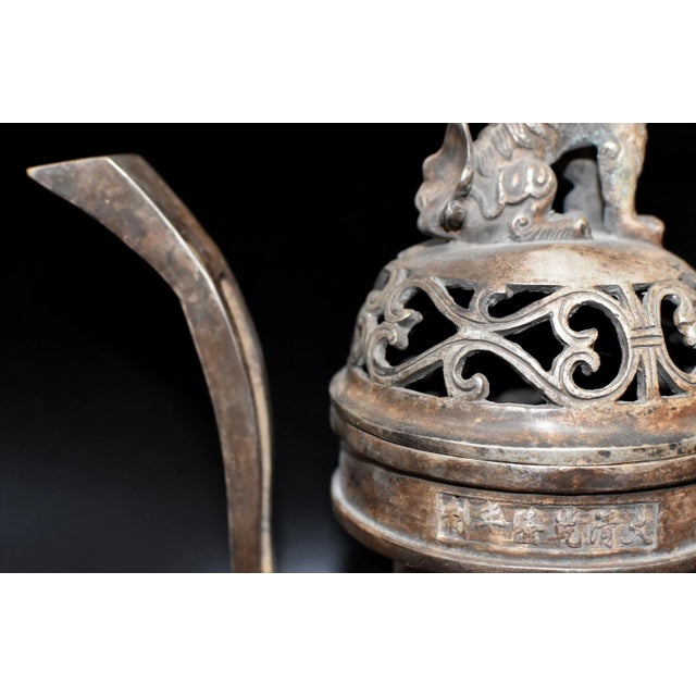 Metal Chinese Antique Incense Burner, Large, White Brass With Foo Dog For Sale - Image 7 of 13