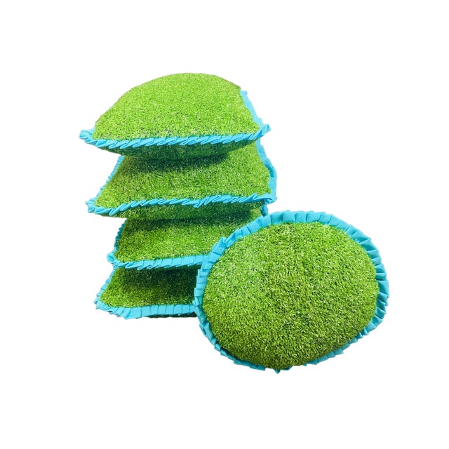 Custom Handcrafted Artificial Turf Lumbar Pillow With Turquoise Ruffle - Large Square For Sale - Image 9 of 10