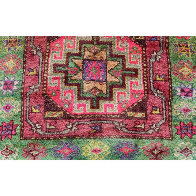 Vintage Caucasian Kazak Rug With Triple Medallions in Pink and Green 3'10 X 7'0 For Sale - Image 9 of 12