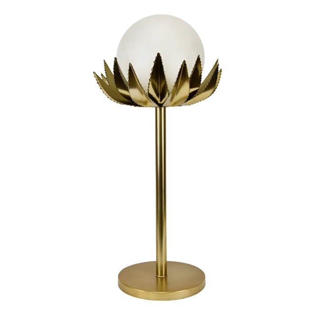 Matthew Izzo Home Moxie Glass Globe Brass Palm Leaf Table Lamp For Sale